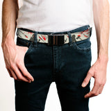 Web Belt Blank Black Buckle - Friday the 13th Weapons and Character Icons Collage Beige/Gray/Red Webbing