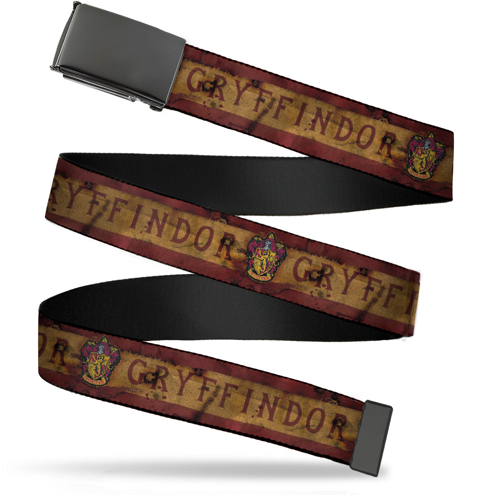 Black Buckle Web Belt - GRYFFINDOR Crest/Banner Weathered Burgundy/Tan Webbing