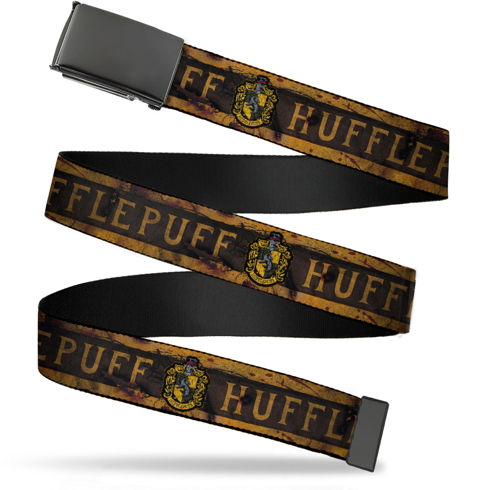 Black Buckle Web Belt - HUFFLEPUFF Crest/Banner Weathered Tan/Brown Webbing