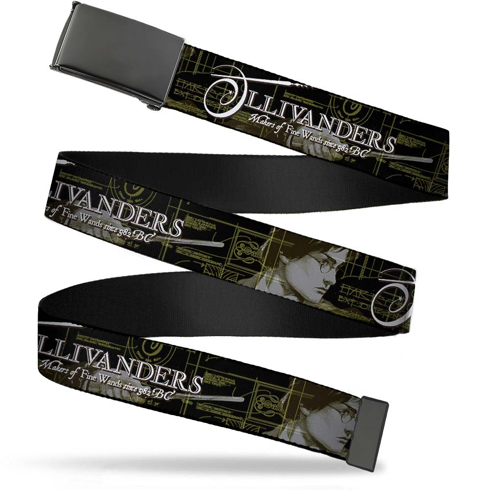 Black Buckle Web Belt - Harry Potter Wand Pose/OLLIVANDERS-MAKERS OF FINE WANDS Black/Browns/Golds Webbing