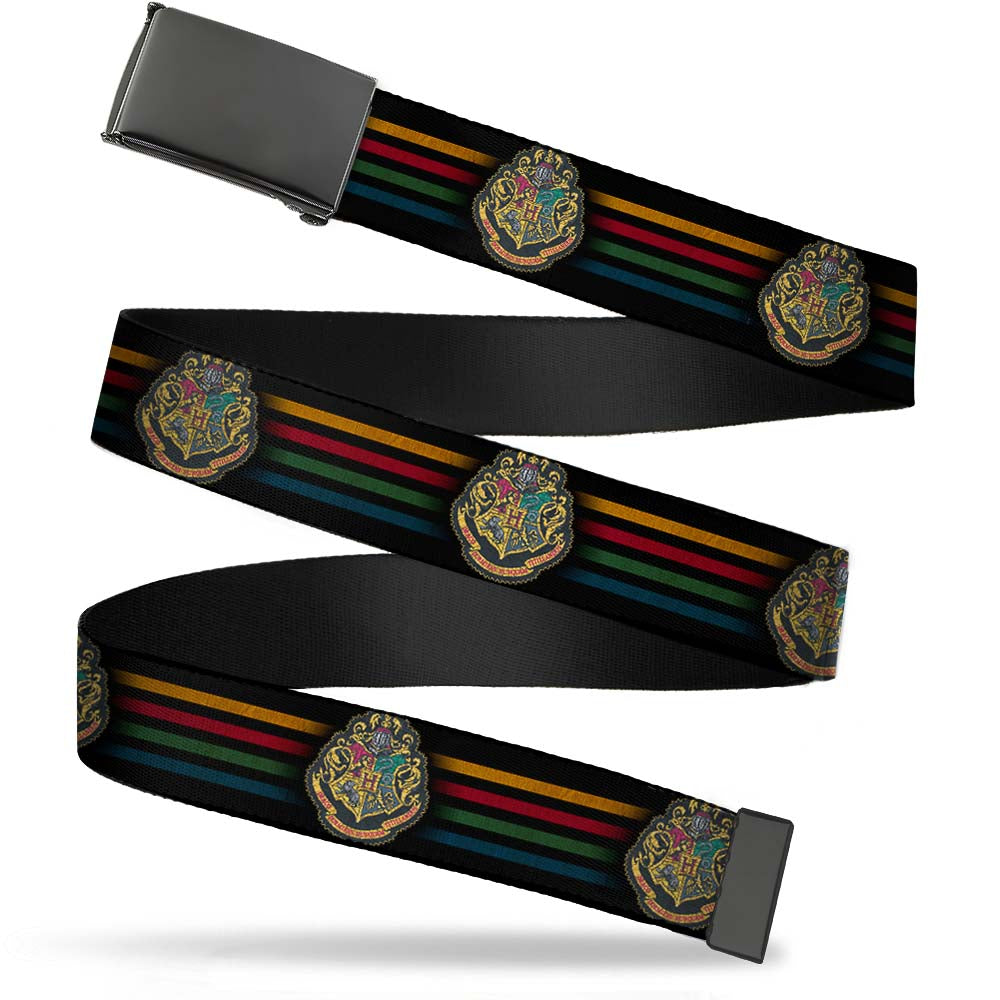 Black Buckle Web Belt - Hogwarts Crest/House Stripes Black/Gold/Burgundy/Green/Blue Webbing