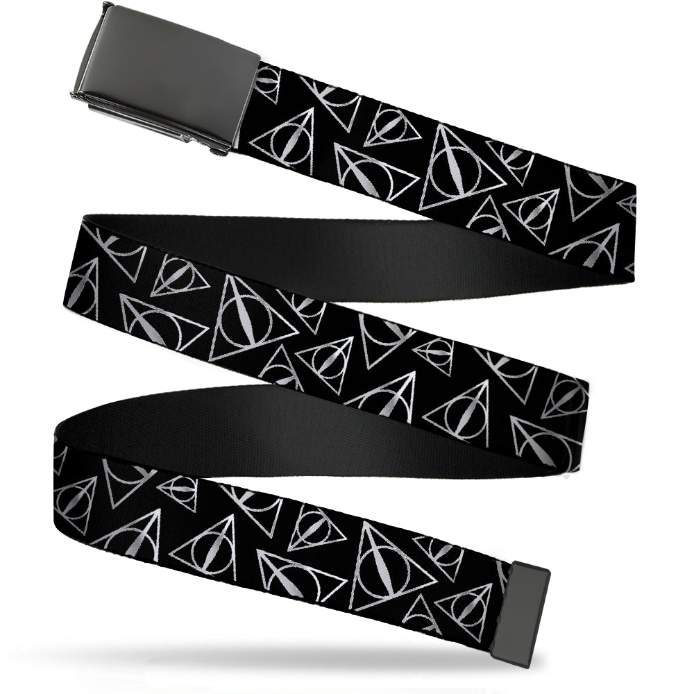 Black Buckle Web Belt - Harry Potter Deathly Hallows Symbol Scattered Black/Silver Webbing