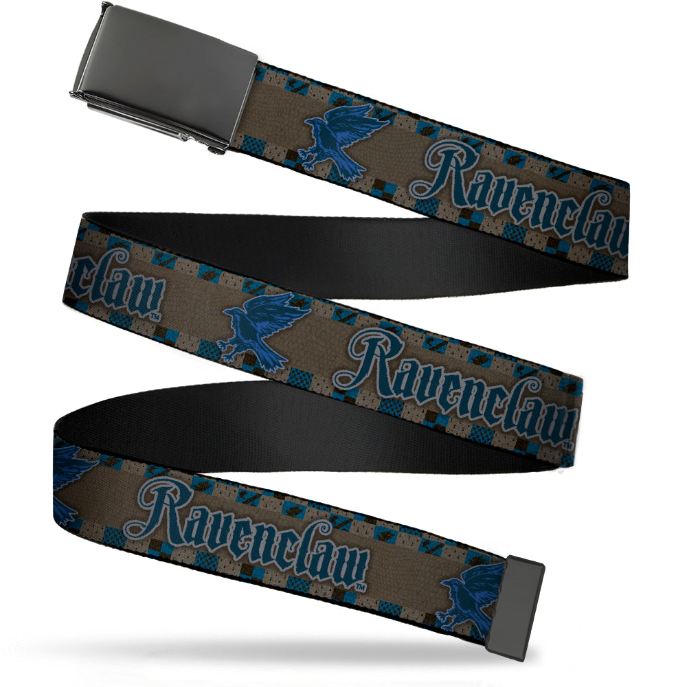 Black Buckle Web Belt - Harry Potter RAVENCLAW/Eagle Checker Stripe Grays/Blues/Black Webbing