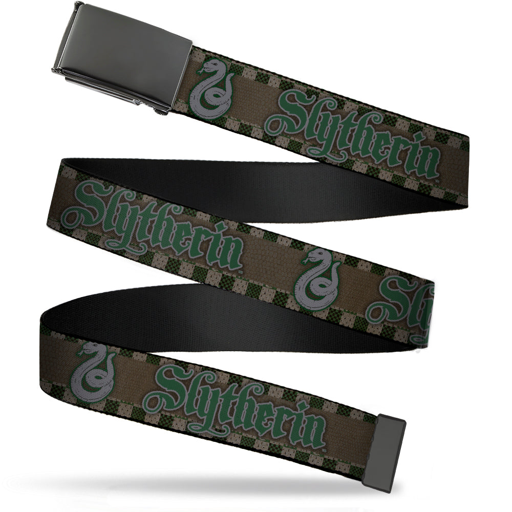 Black Buckle Web Belt - Harry Potter SLYTHERIN/Snake Checker Stripe Grays/Greens Webbing