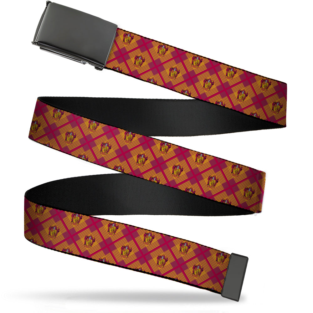 Black Buckle Web Belt - Harry Potter Gryffindor Crest Plaid Reds/Gold Webbing