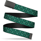 Black Buckle Web Belt - Harry Potter Slytherin Crest Plaid Greens/Gray Webbing