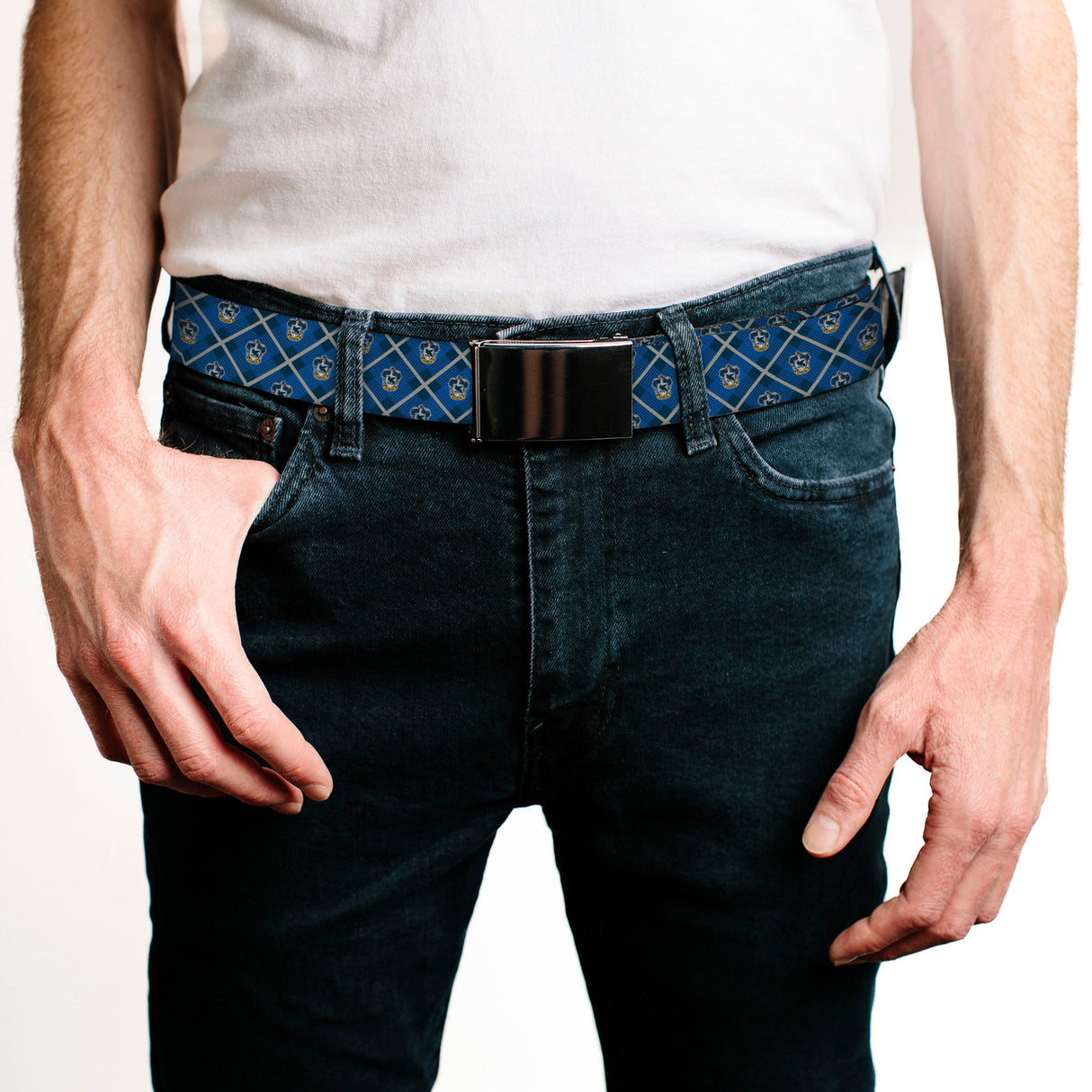 Black Buckle Web Belt - Harry Potter Ravenclaw Crest Plaid Blues/Gray Webbing