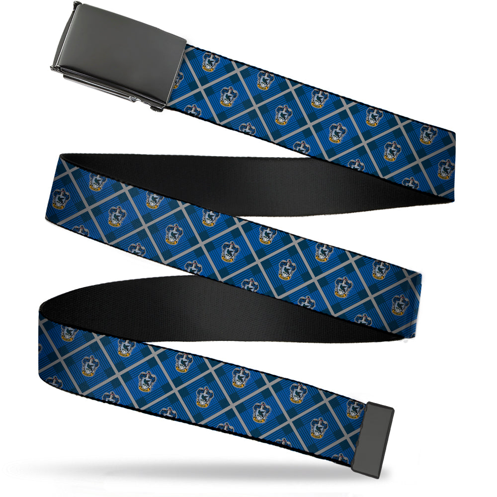 Black Buckle Web Belt - Harry Potter Ravenclaw Crest Plaid Blues/Gray Webbing