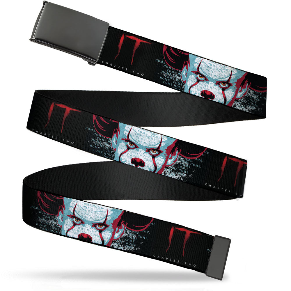 Black Buckle Web Belt - IT CHAPTER TWO Pennywise Face CLOSE-UP Black/Red/Blues Webbing