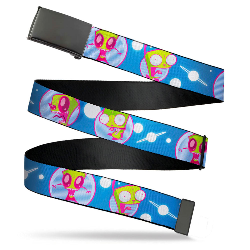 Black Buckle Web Belt - Invader Zim and GIR Poses and Planets Blue/White Webbing