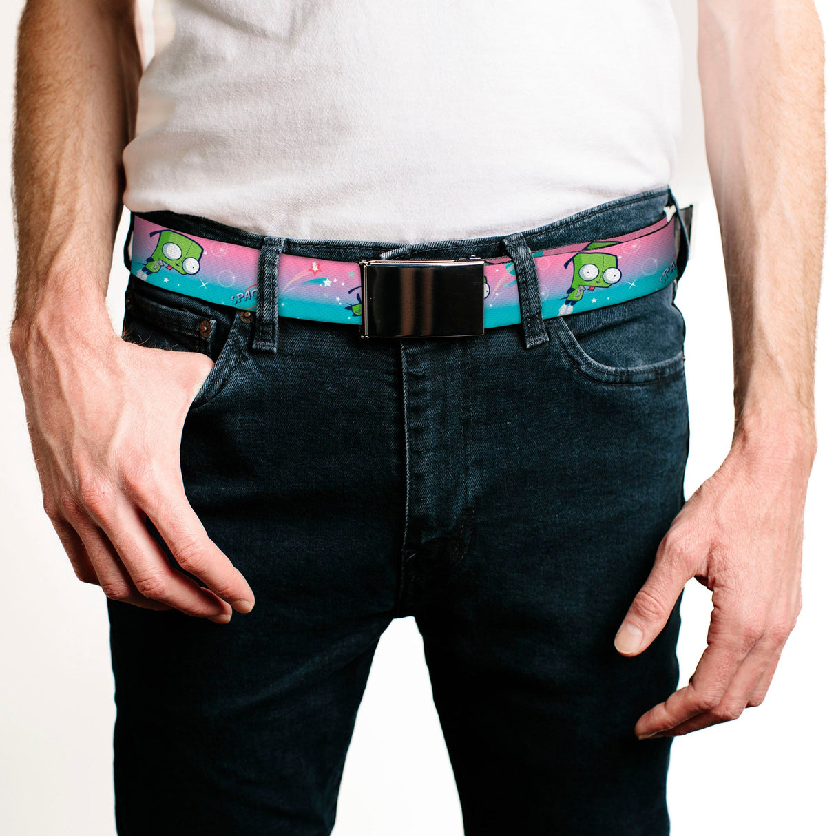 Black Buckle Web Belt - Invader Zim GIR Flying SPACEY Poses and Stars Pinks/Blues Webbing