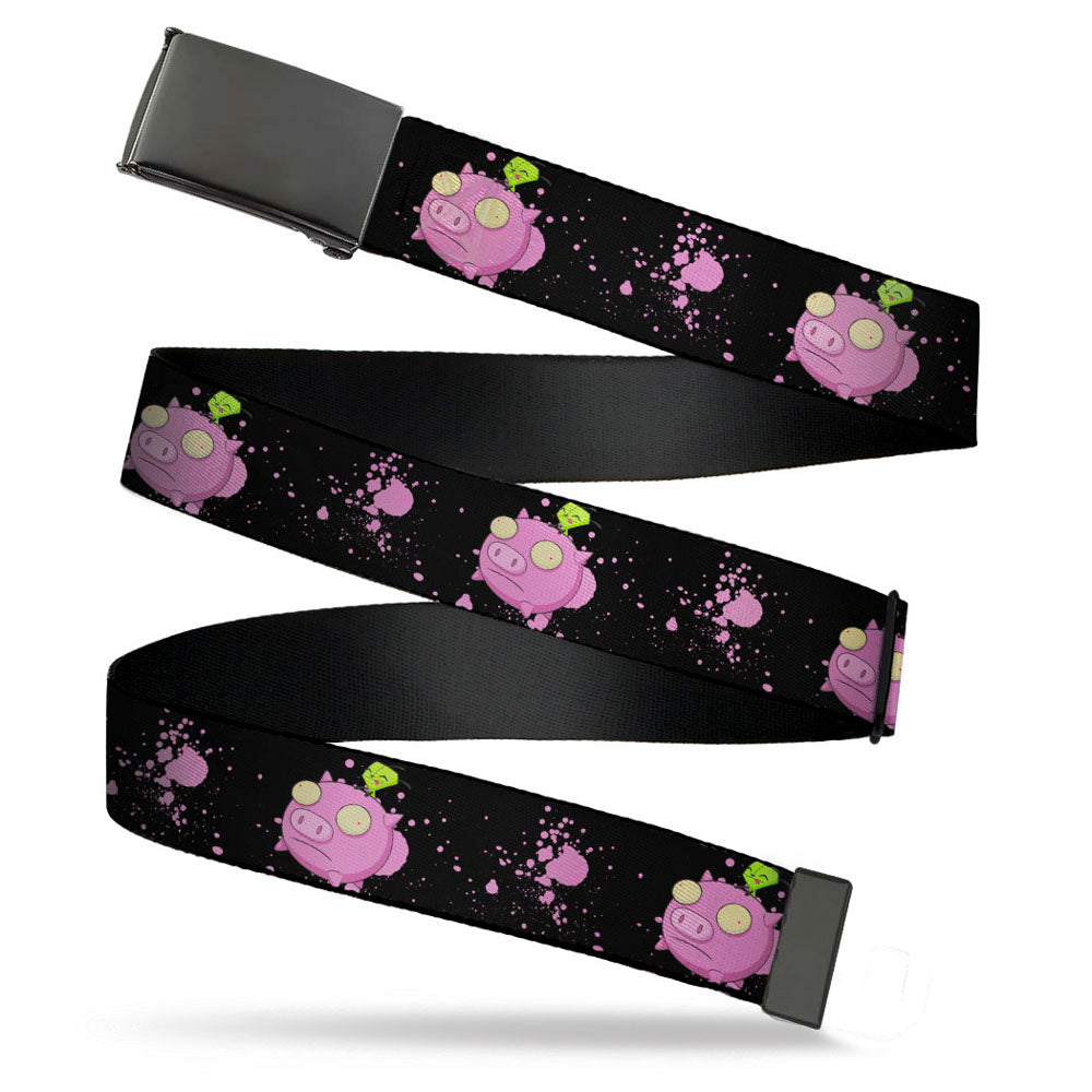 Black Buckle Web Belt - Invader Zim GIR and Piggy Flying Pose Splatter Black/Pink Webbing