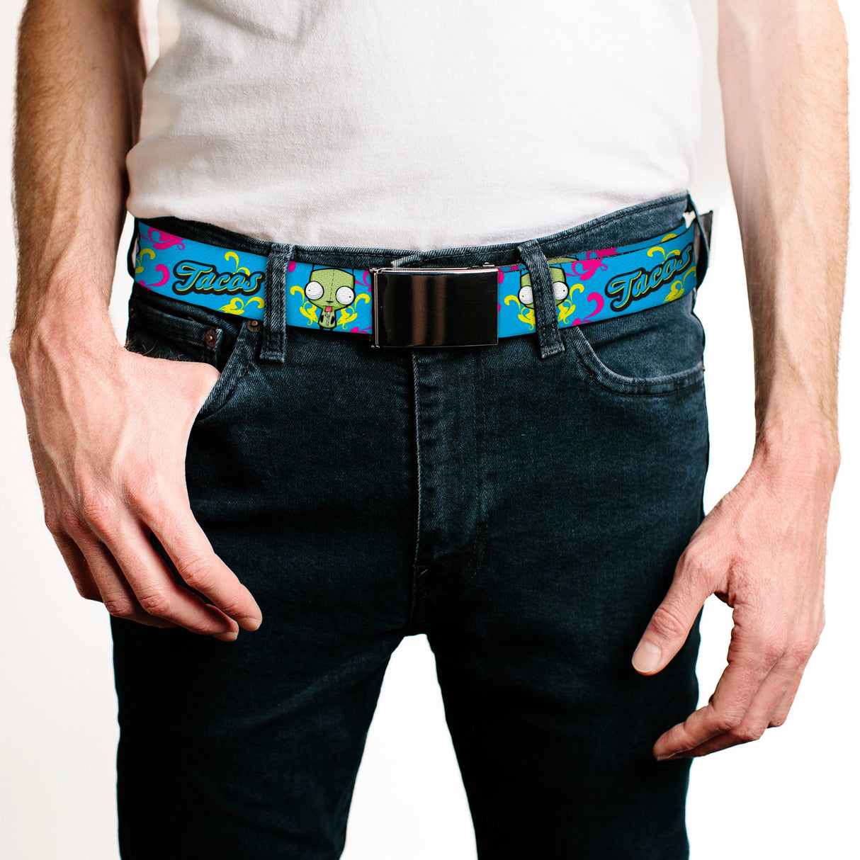 Web Belt Blank Black Buckle - Invader Zim GIR TACOS Pose Blue/Pink/Yellow Webbing