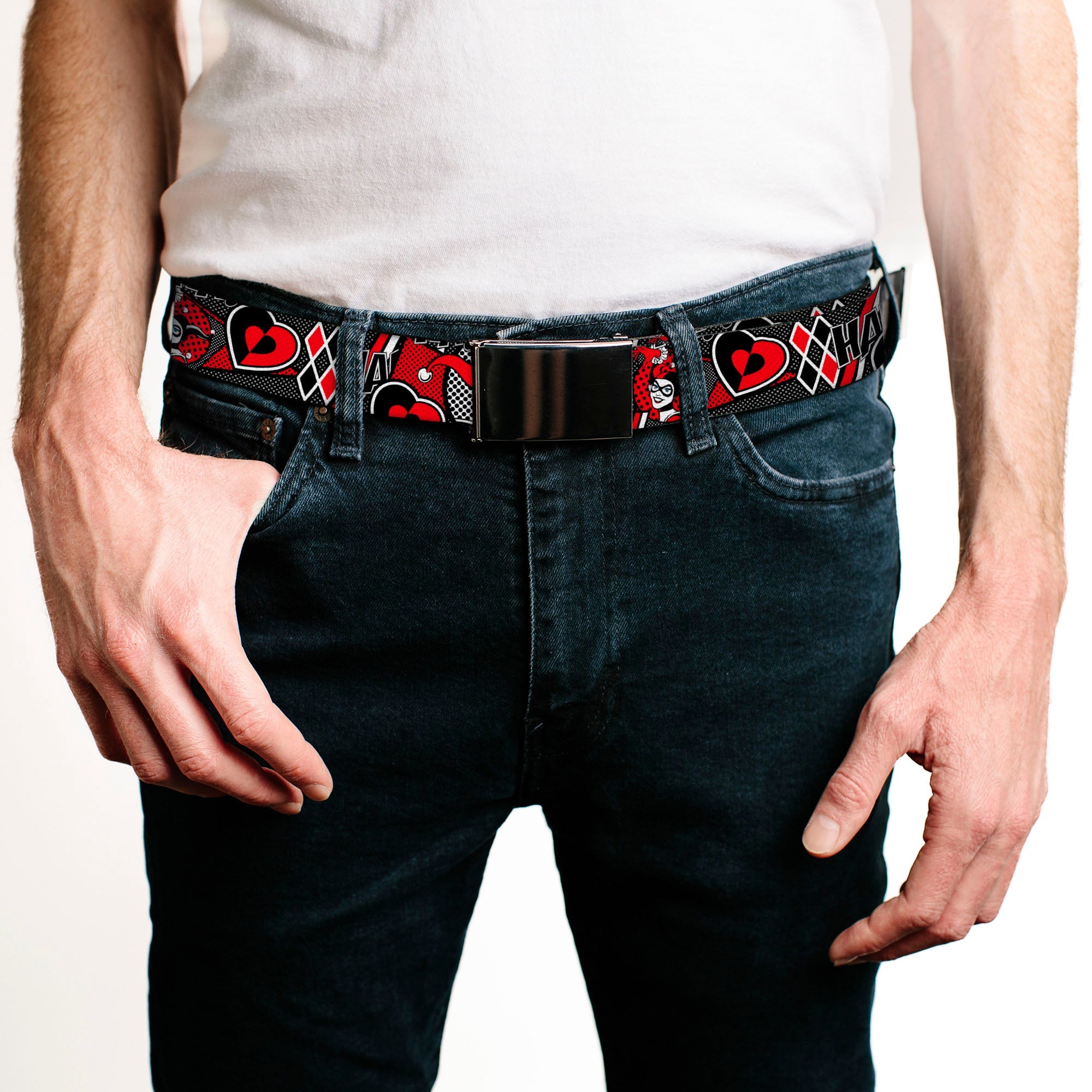 Black Buckle Web Belt - Harley Quinn Poses/HAHAHA!/Diamonds/Hearts Halftone White/Black/Red Webbing