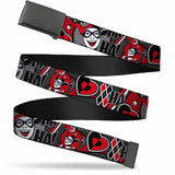 Black Buckle Web Belt - Harley Quinn Poses/HAHAHA!/Diamonds/Hearts Halftone White/Black/Red Webbing