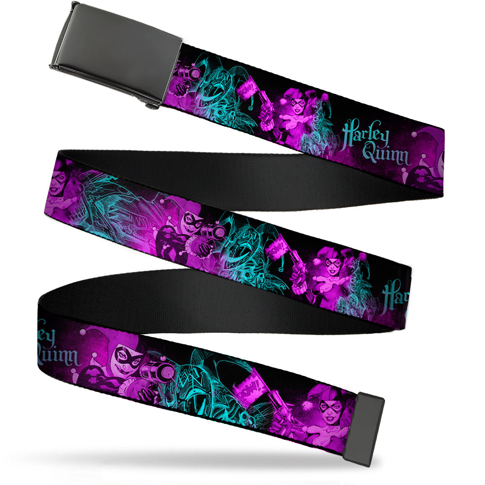 Web Belt Blank Black Buckle - HARLEY QUINN Pow & Aiming Poses/Joker Sketch Black/Turquoise/Fuchsia Webbing