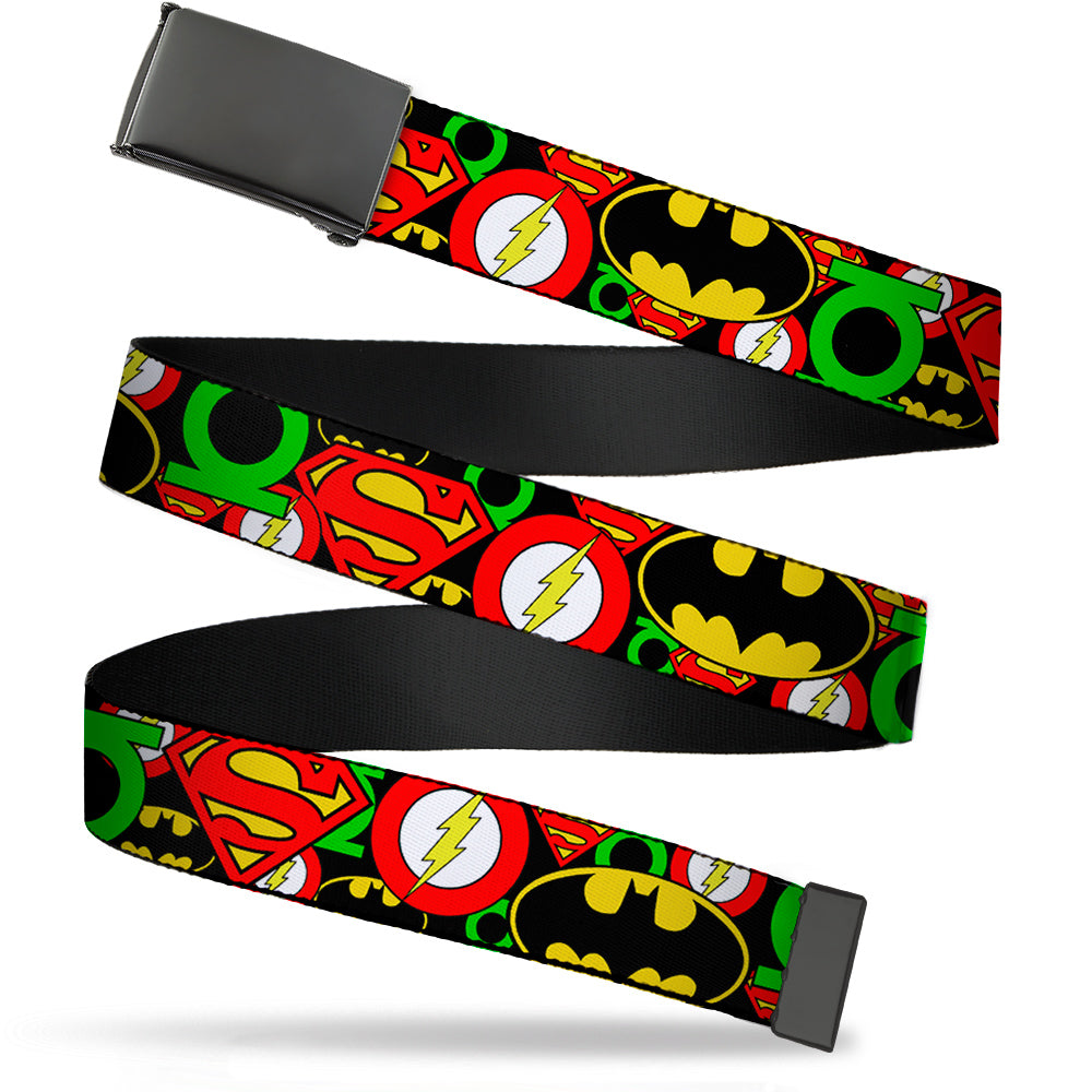 Web Belt Blank Black Buckle - Justice League Stacked Logos Webbing