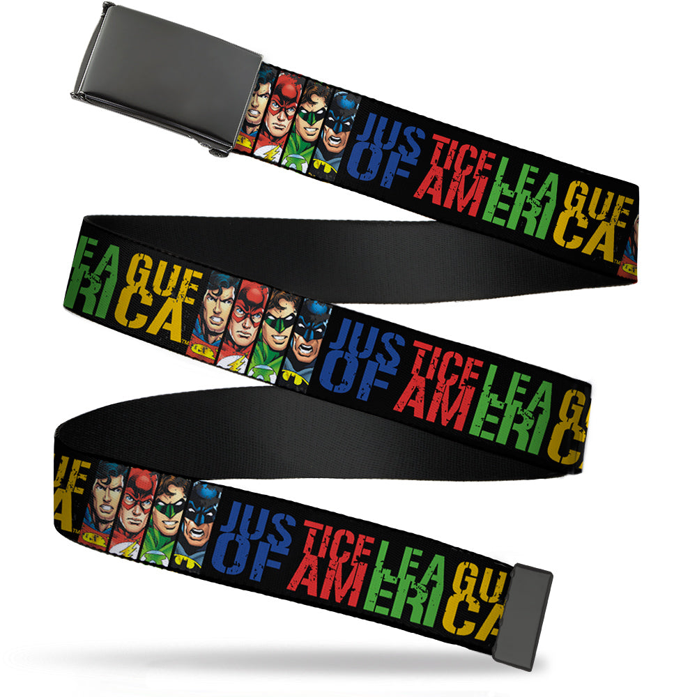 Web Belt Blank Black Buckle - JUSTICE LEAGUE OF AMERICA w/Superhero Blocks Black/Multi Color Webbing