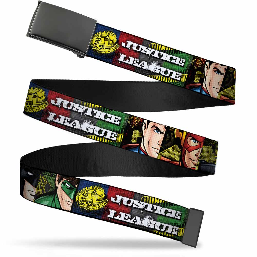 Black Buckle Web Belt - JUSTICE LEAGUE Logo/4-Superhero Panels Pop Art Webbing