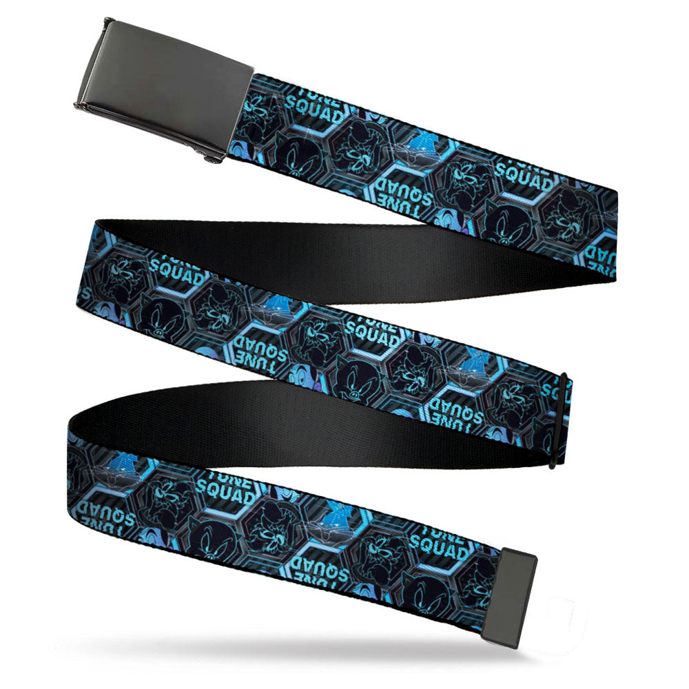 Black Buckle Web Belt - Space Jam 2 TUNE SQUAD Character Face Icons Black/Grays/Blues Webbing