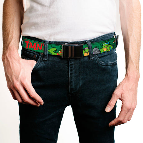 Black Buckle Web Belt - Classic Teenage Mutant Ninja Turtles Group Pose2/TMNT Green Brick Wall Webbing