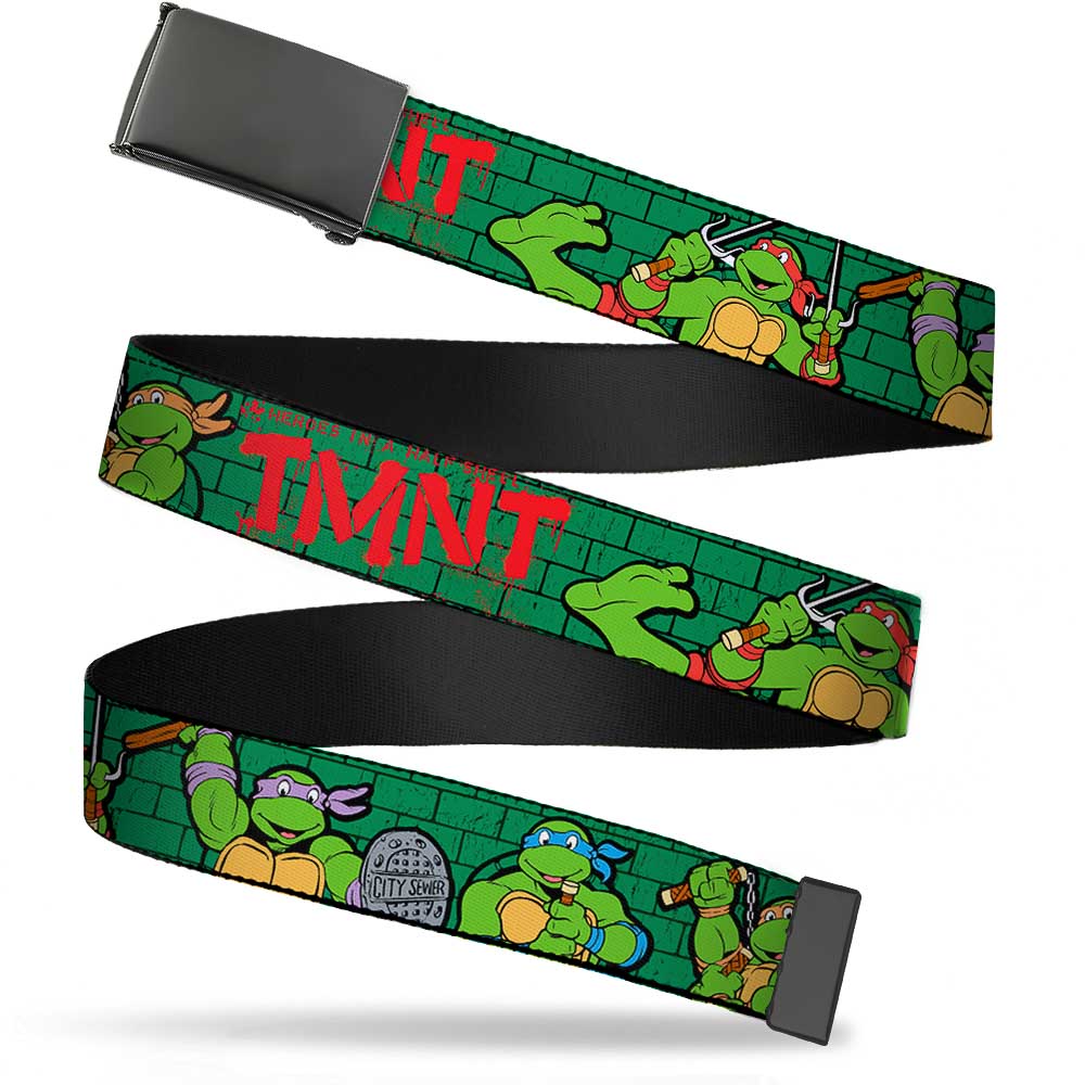 Black Buckle Web Belt - Classic Teenage Mutant Ninja Turtles Group Pose2/TMNT Green Brick Wall Webbing