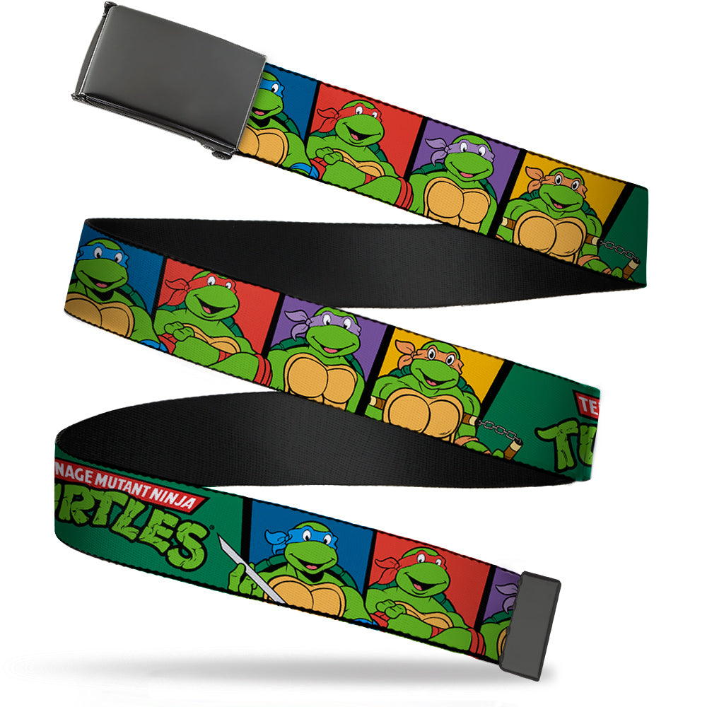 Black Buckle Web Belt - Classic TEENAGE MUTANT NINJA TURTLES Group Pose3/TMNT Logo Green/Multi Color Webbing