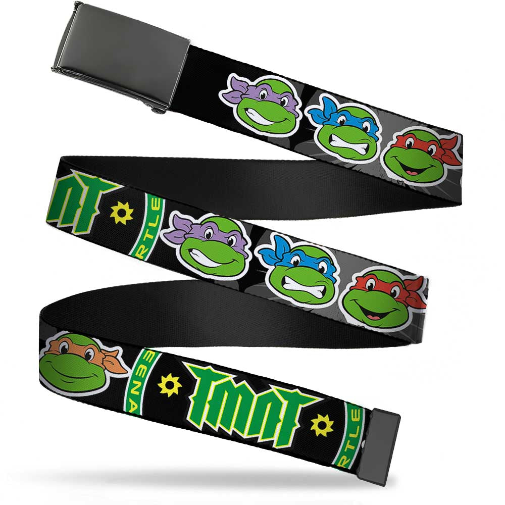 Black Buckle Web Belt - Classic Teenage Mutant Ninja Turtles Group Faces/TMNT/Ninja Star Black/Green Webbing