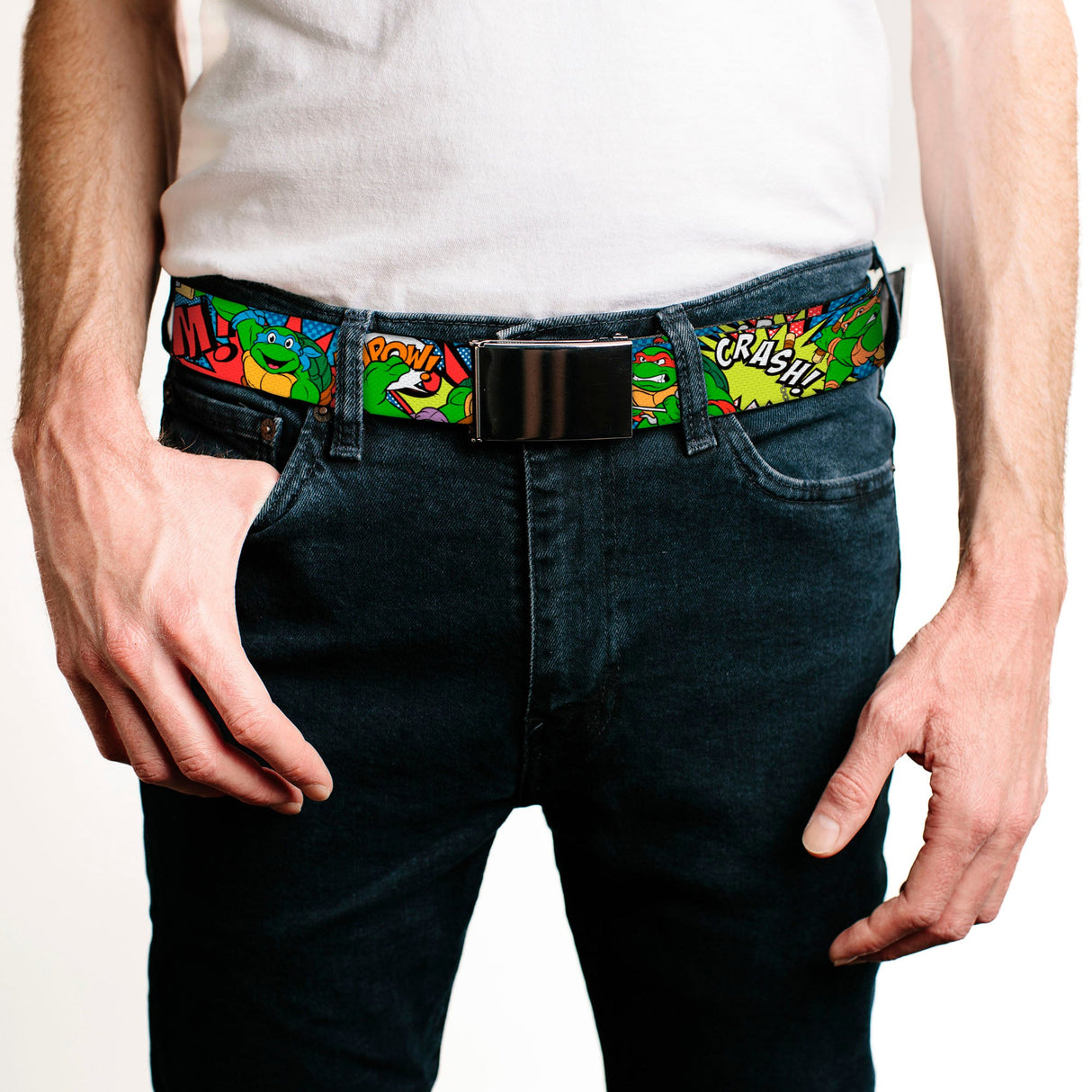 Web Belt Blank Black Buckle - Classic Teenage Mutant Ninja Turtles Action Poses/Action Bubbles Dots Blues Webbing