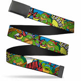 Web Belt Blank Black Buckle - Classic Teenage Mutant Ninja Turtles Action Poses/Action Bubbles Dots Blues Webbing