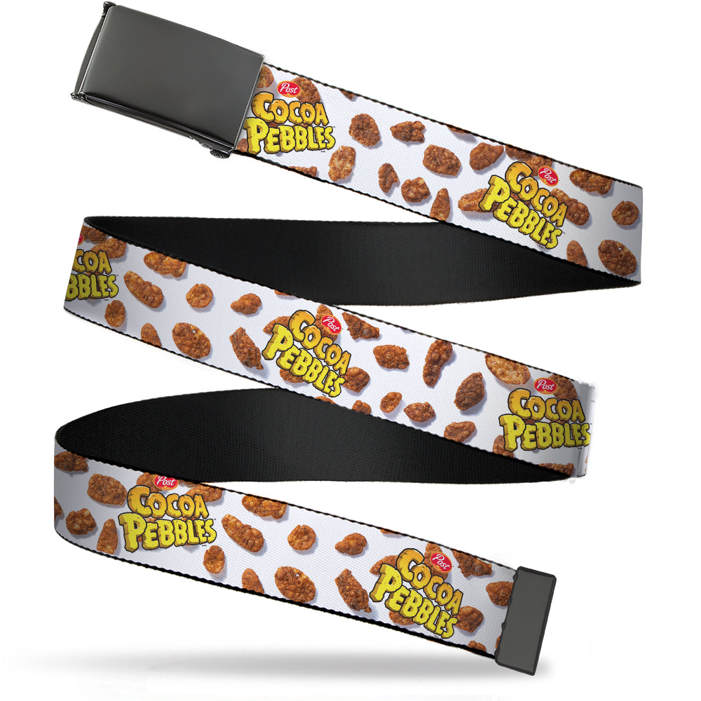 Web Belt Blank Black Buckle - POST COCOA PEBBLES Logo and Cereal Pebbles Scattered White/Browns Webbing