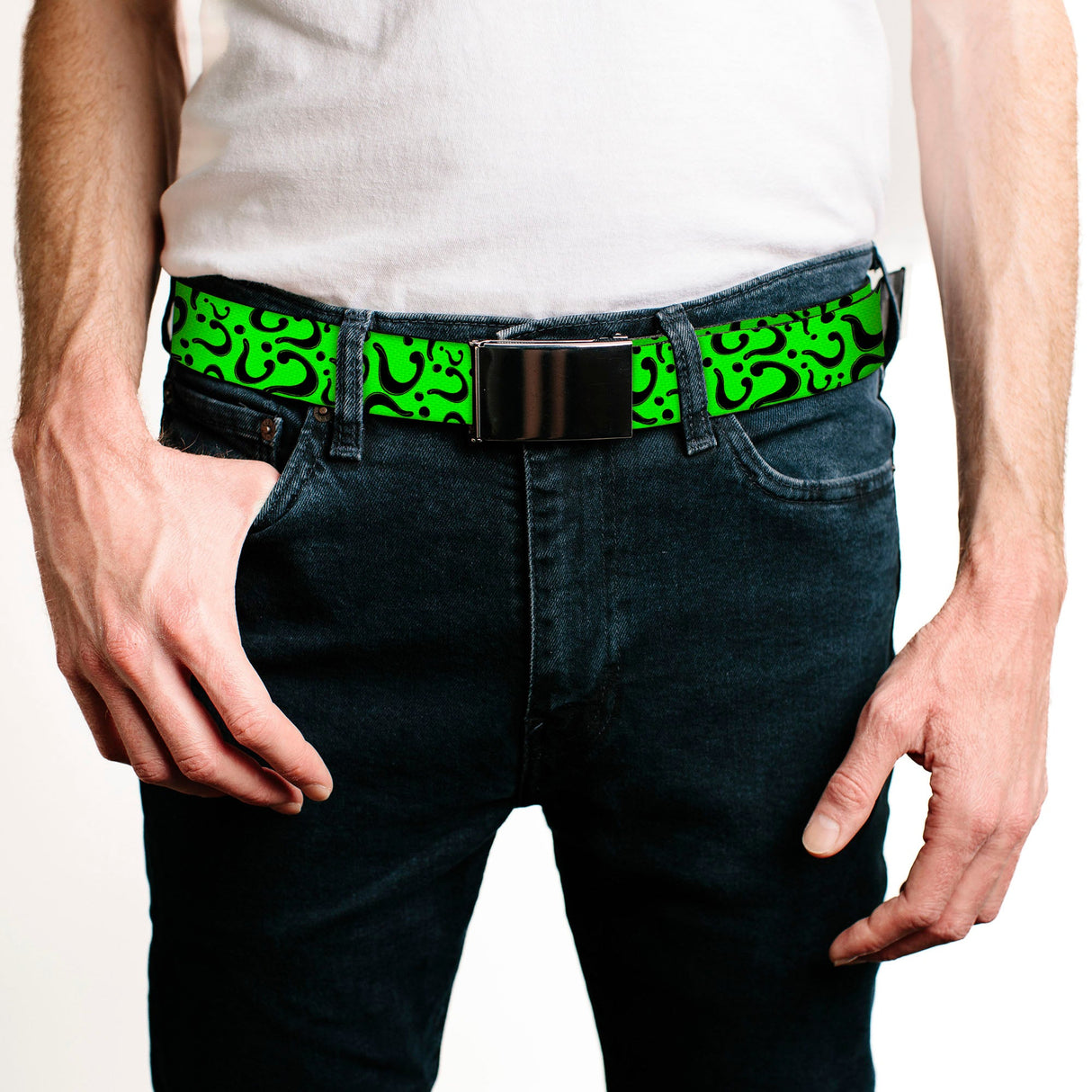 Web Belt Blank Black Buckle - Question Mark Scattered Lime Green/Black Webbing