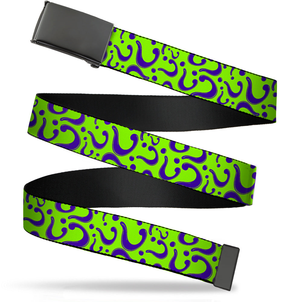 Black Buckle Web Belt - Question Mark Scattered Lime Green/Purple Webbing