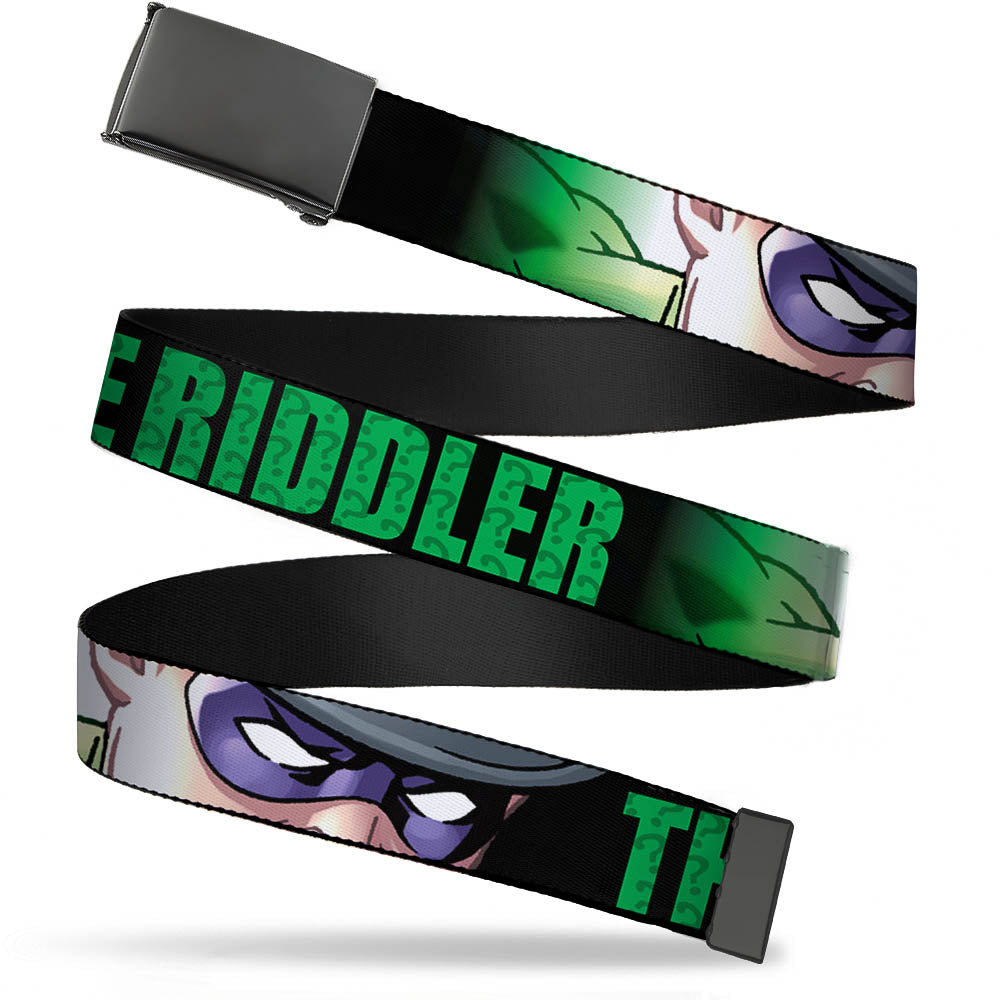 Web Belt Blank Black Buckle - THE RIDDLER/Face CLOSE-UP Black/Green Webbing