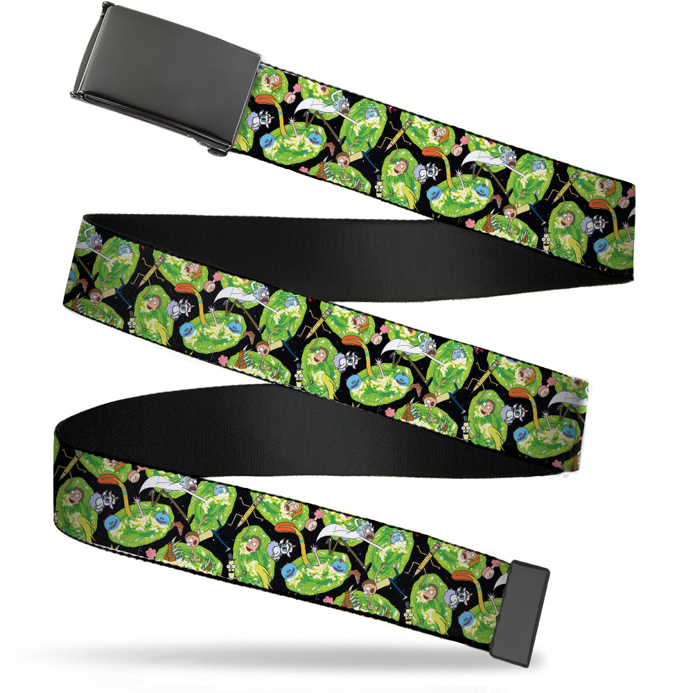 Black Buckle Web Belt - Rick and Morty Portal Multi Character Scattered Black/Green Webbing