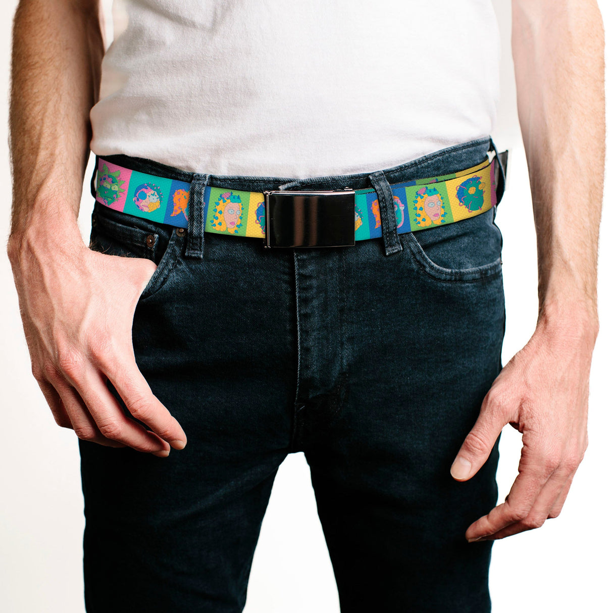 Web Belt Blank Black Buckle - Rick and Morty Smith Family Cell Face Blocks Multi Color Webbing