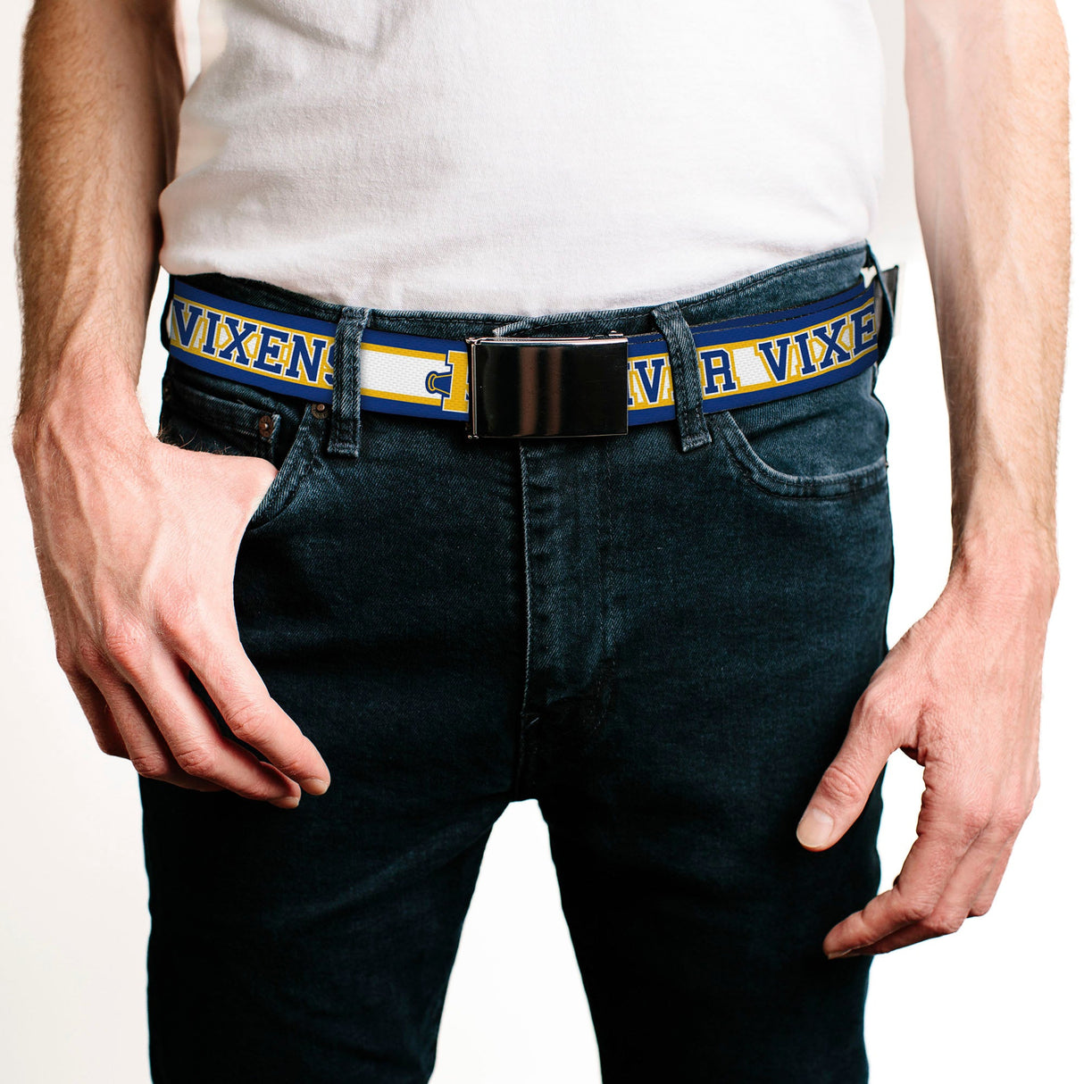 Black Buckle Web Belt - RIVER VIXENS/Cheer Logo Stripe Blue/White/Yellow Webbing