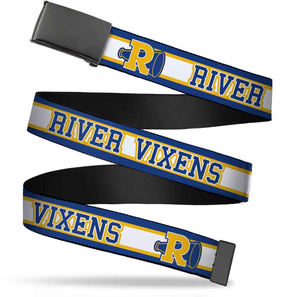 Black Buckle Web Belt - RIVER VIXENS/Cheer Logo Stripe Blue/White/Yellow Webbing