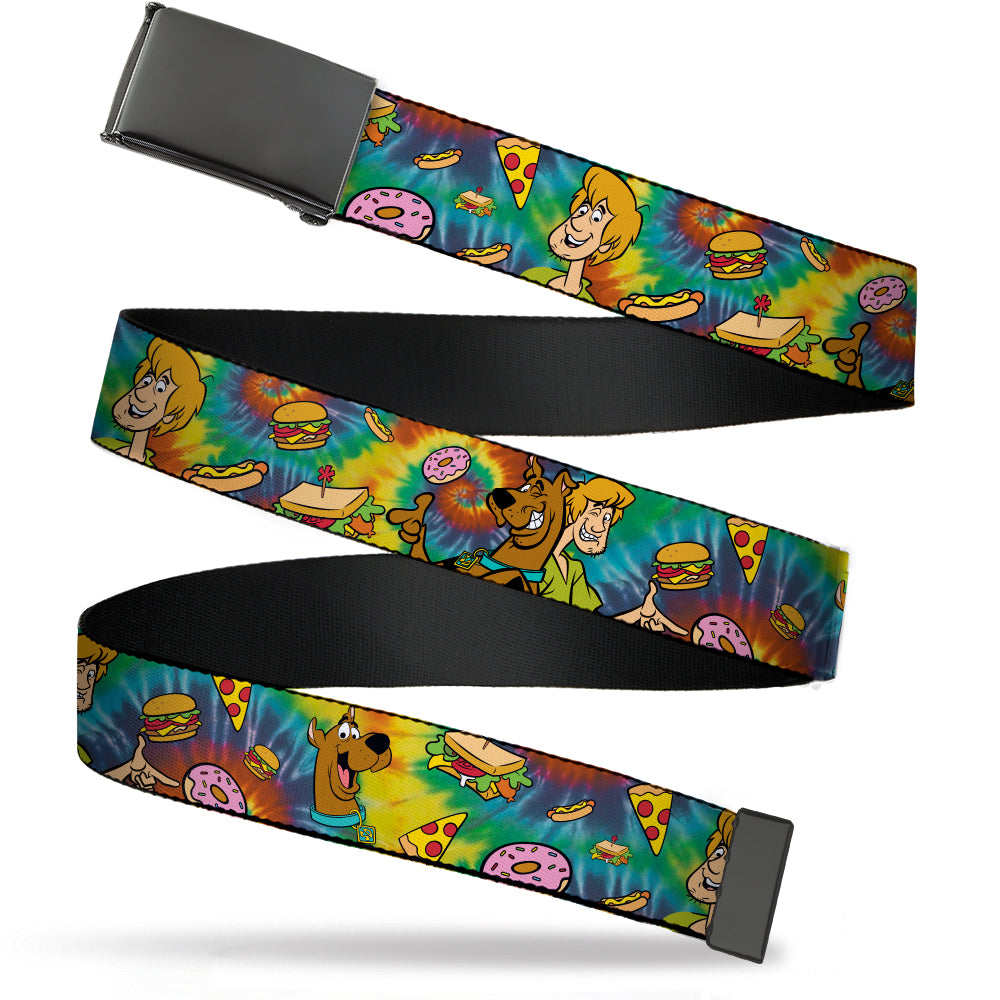 Web Belt Blank Black Buckle - Scooby Doo and Shaggy Poses/Munchies Tie Dye Multi Color Webbing