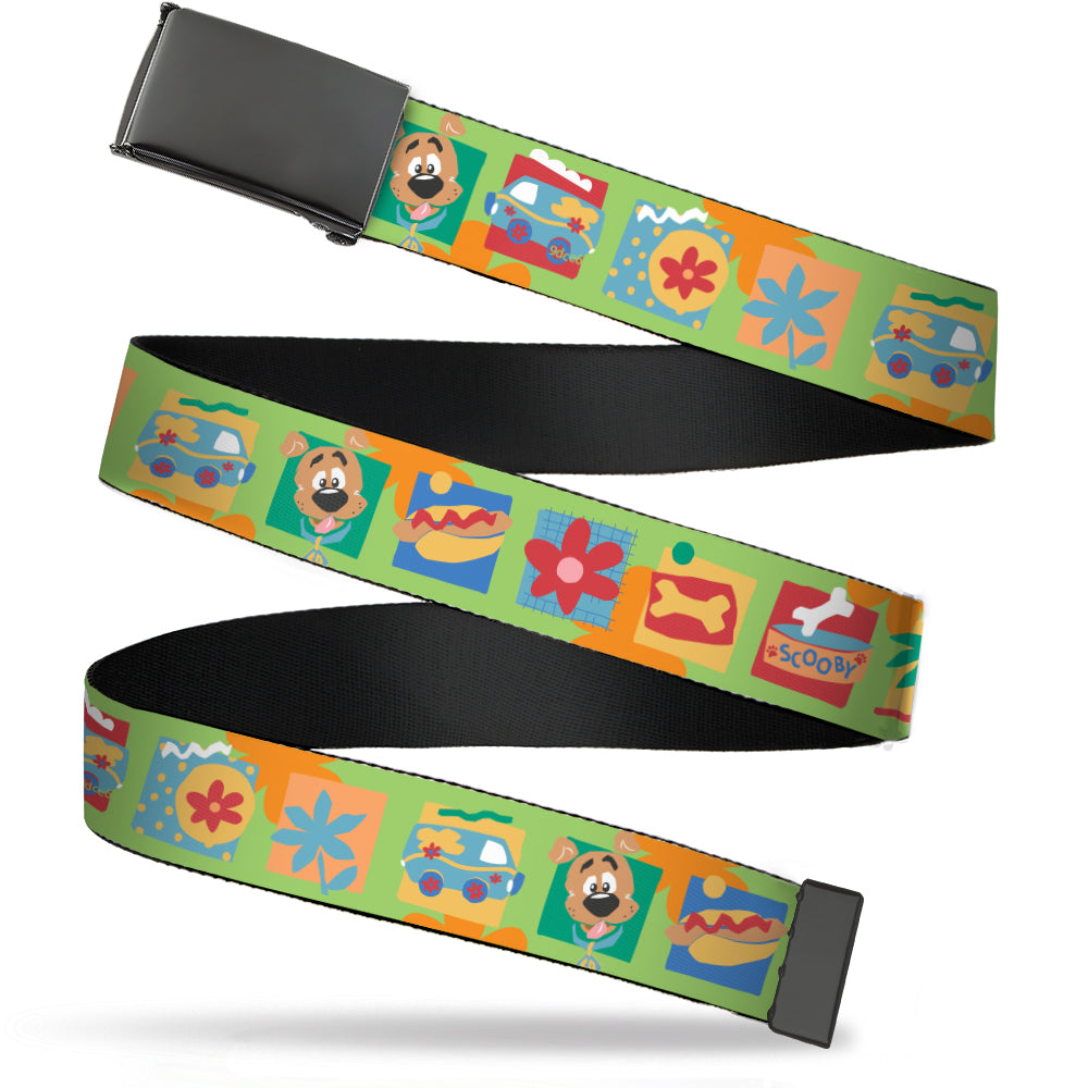 Web Belt Blank Black Buckle - Scooby Doo Chibi Icon Blocks Green/Multi Color Webbing