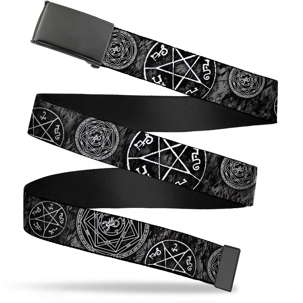 Web Belt Blank Black Buckle - Supernatural Devil's Trap Pentagrams Grays/Black/White Webbing