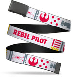 Web Belt Blank Black Buckle - Star Wars REBEL PILOT Rebel Alliance Insignia/Lightsaber/X-Wing Fighter White/Red/Yellow/Gray Webbing