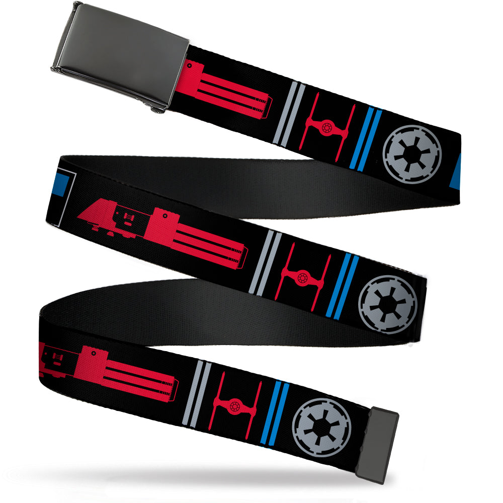 Web Belt Blank Black Buckle - Star Wars EMPIRE/Galactic Empire Elements Collage Black/Blue/Gray/Red/White Webbing