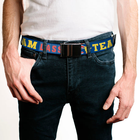 Web Belt Blank Black Buckle - Ted Lasso TEAM LASSO Tea Time Icon Blue/Yellow/Red Webbing