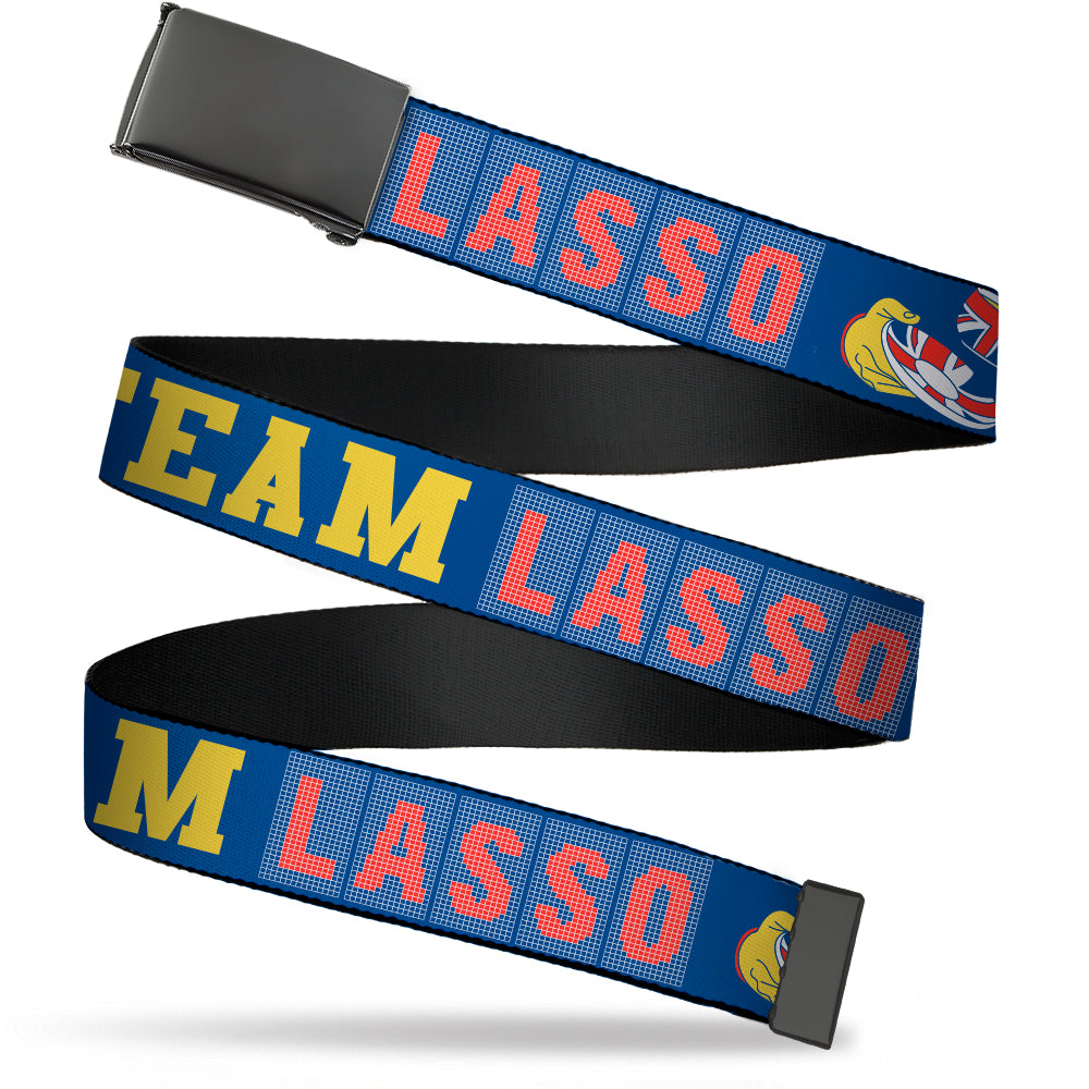 Web Belt Blank Black Buckle - Ted Lasso TEAM LASSO Tea Time Icon Blue/Yellow/Red Webbing