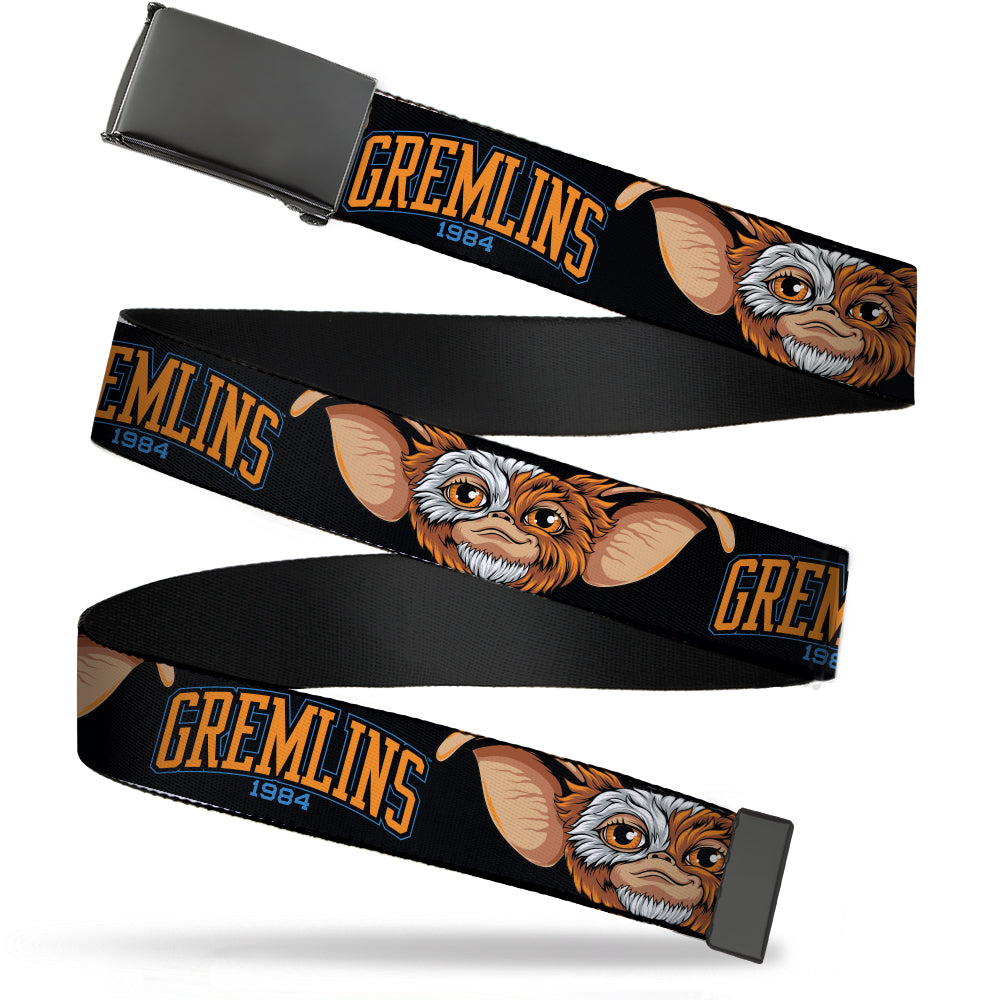 Web Belt Blank Black Buckle - GREMLINS 1984 Gizmo Face Close-Up Black Webbing