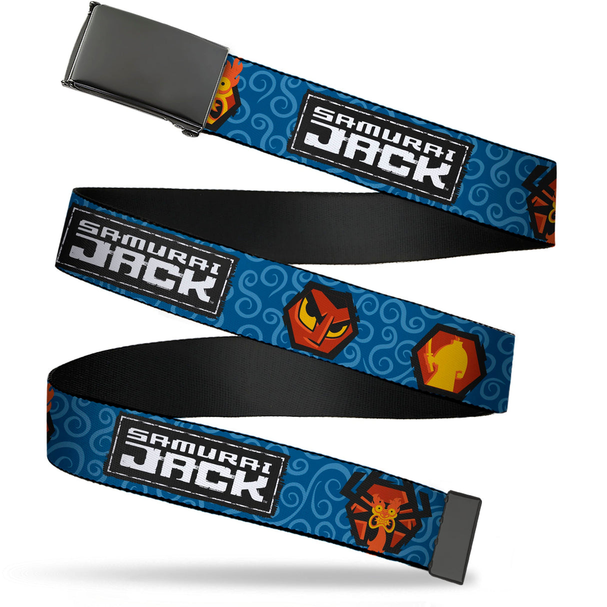 Web Belt Blank Black Buckle - SAMURAI JACK Title Logo and Icons with Swirl Blues Webbing