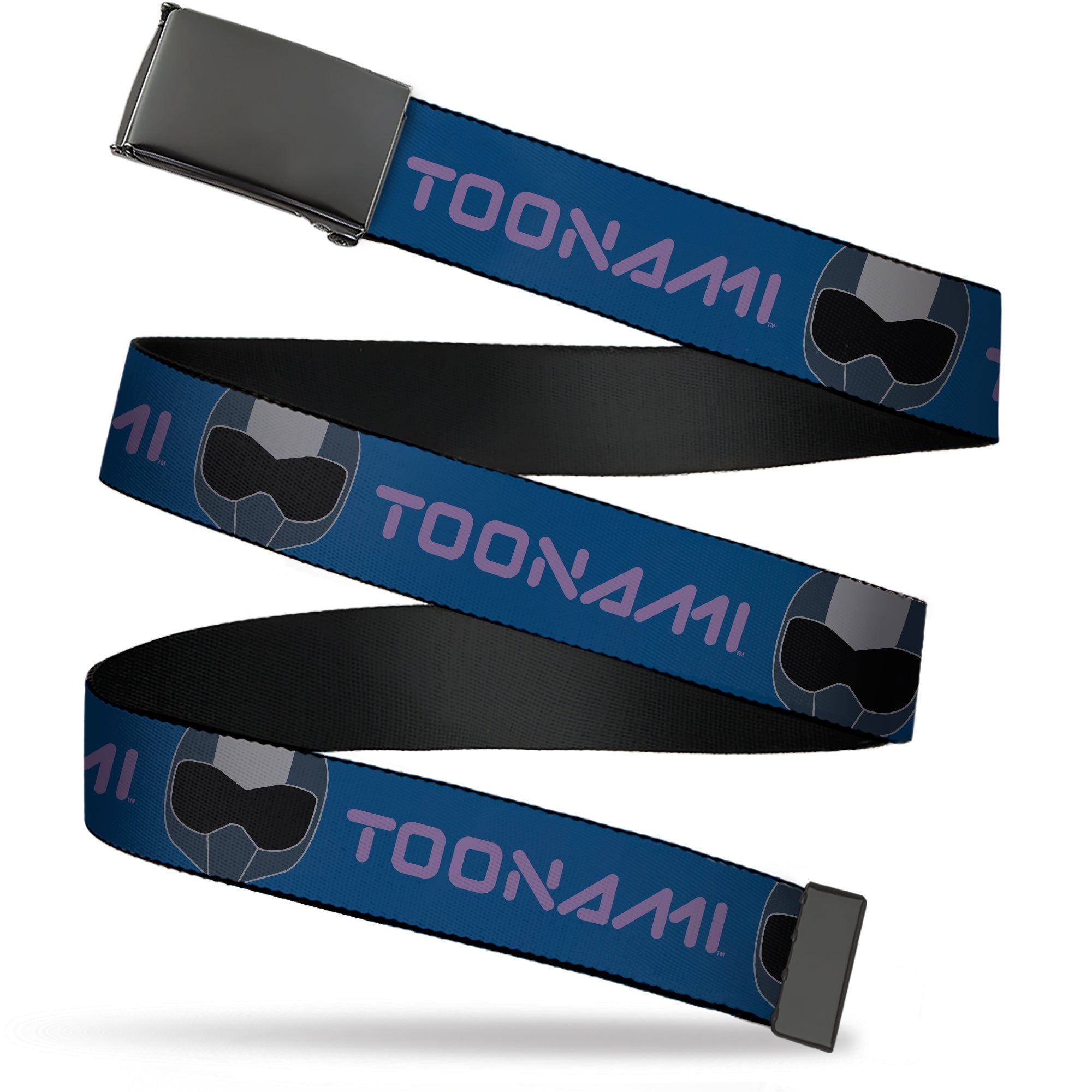 Web Belt Blank Black Buckle - TOONAMI Title Logo and Robot TOM Head Blue/Purple/Grays Webbing