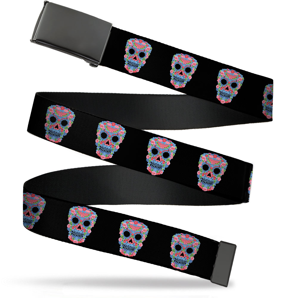 Black Buckle Web Belt - Wonder Woman Floral Skull Black/Multi Pastel Webbing