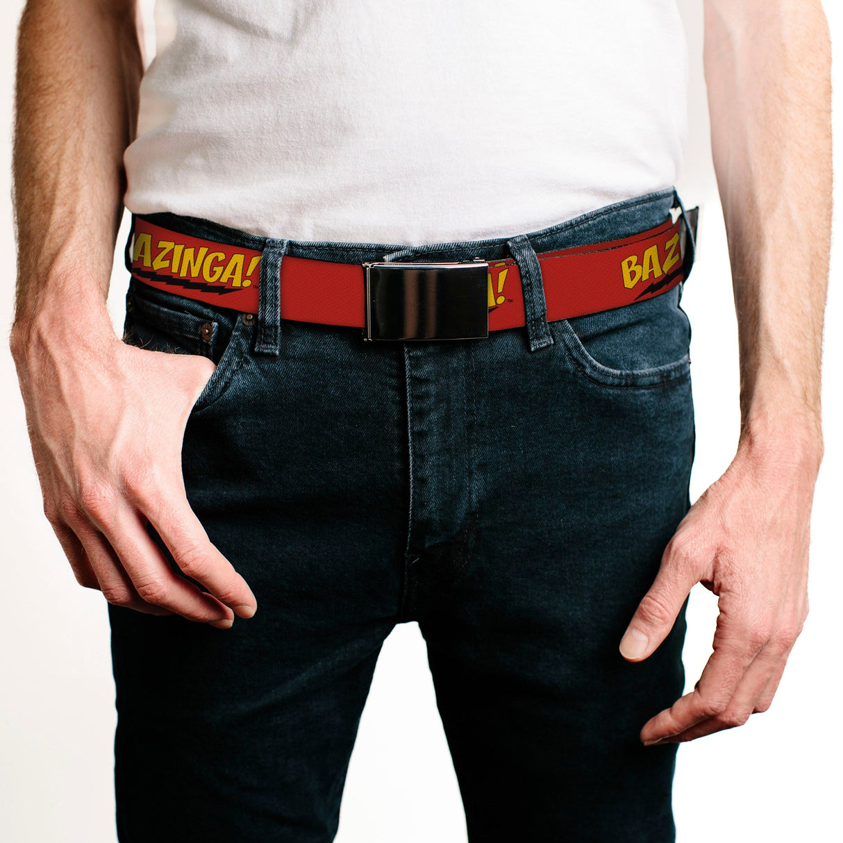 Web Belt Blank Chrome Buckle - BAZINGA! Red/Gold/Black Webbing